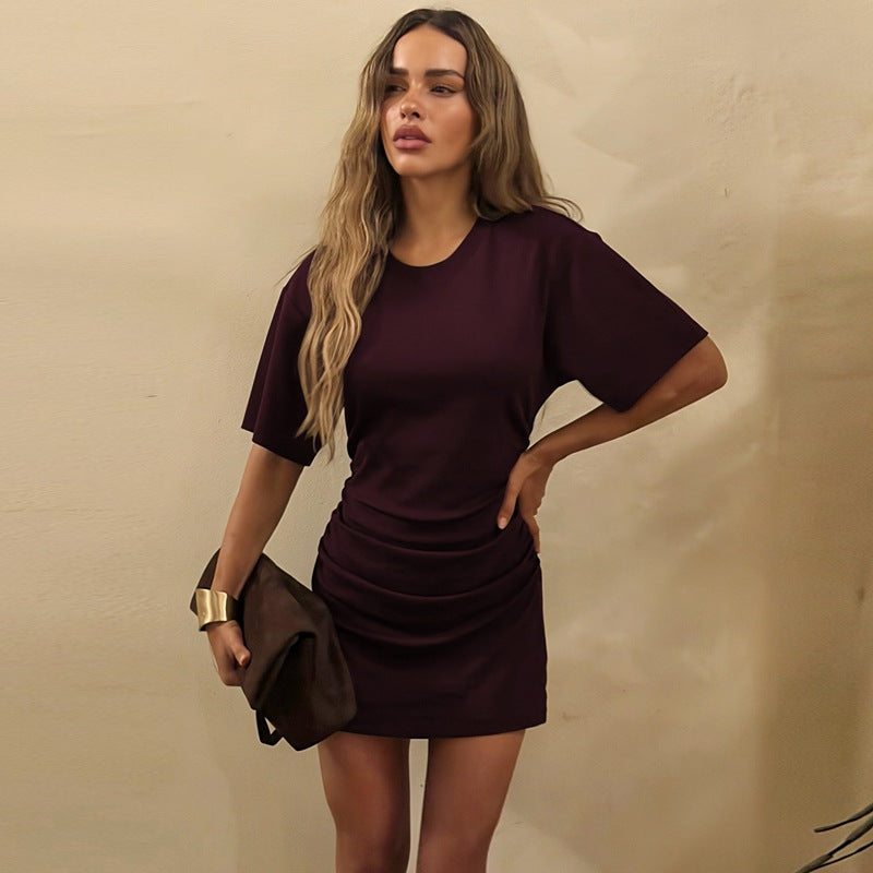 Plain Short Sleeve Pleated Waist-Cinching Slim Fit Dress