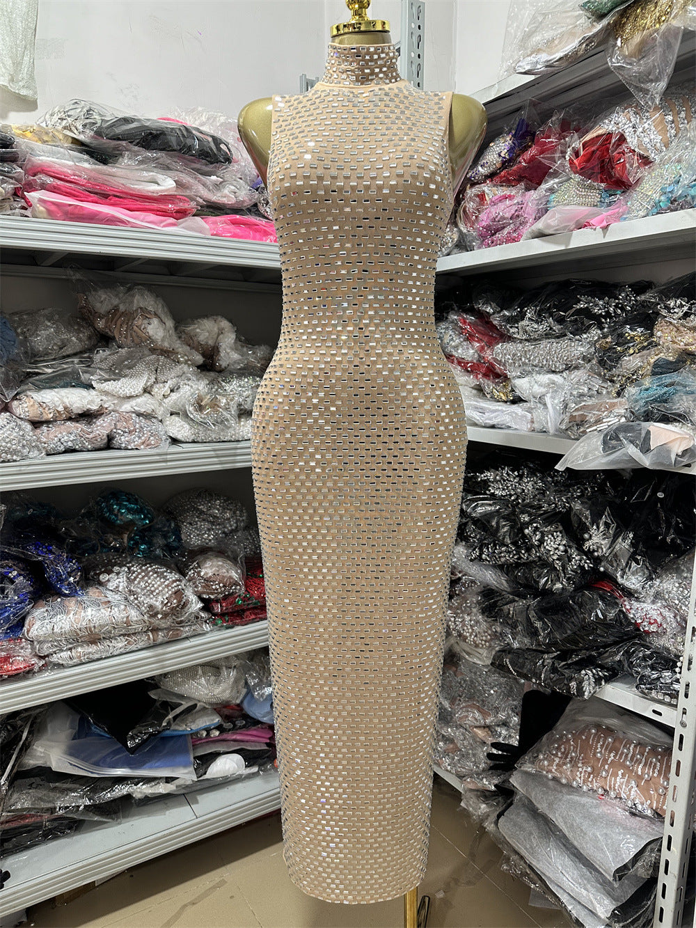 Shiny Diamond Micro-Sexy Halter Sleeveless Casual Beaded Fitted Long Bodycon Party Dress for Women
