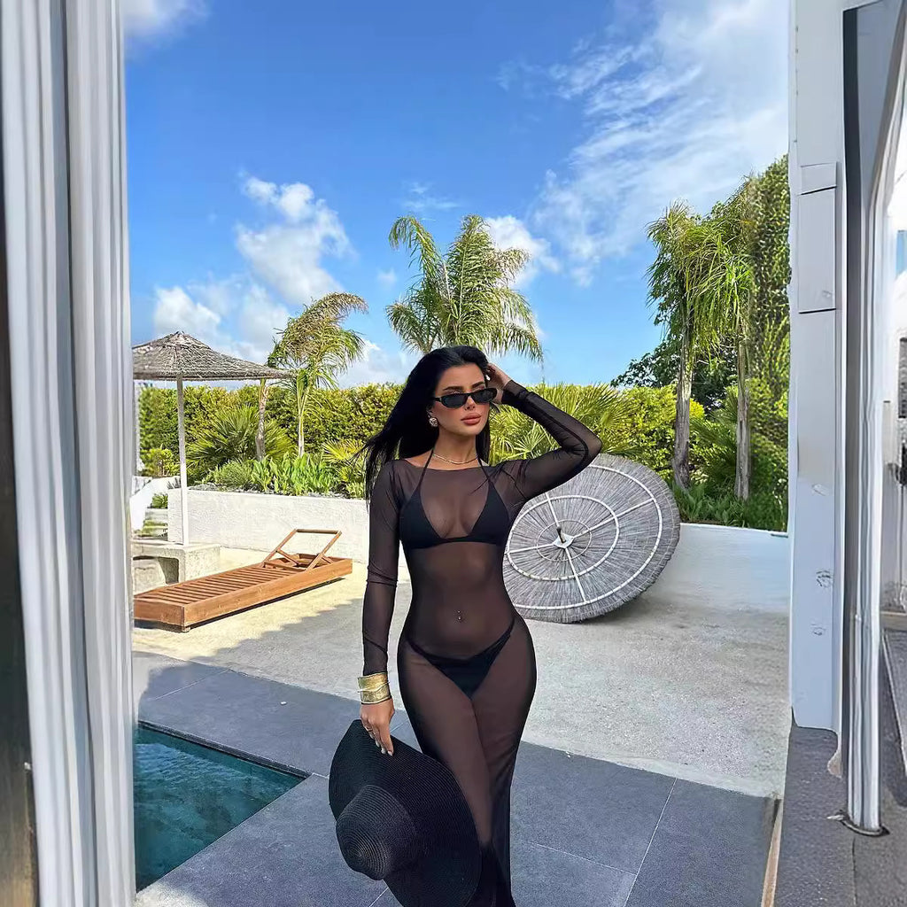 Sexy women's spicy girl slim fit mesh see through one shoulder long sleeved dress