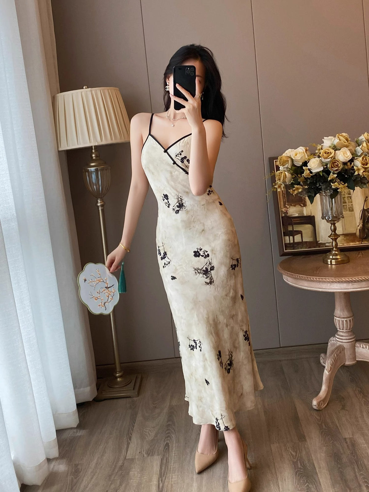 New Chinese Style Printed Strapless Dress Women's Summer National Wind Button V-Neck Waist-Slimming Bodycon Long Dress