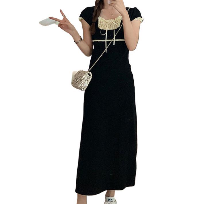 Elegant Lace Spliced Color-Block Tie-Up Dress for Women