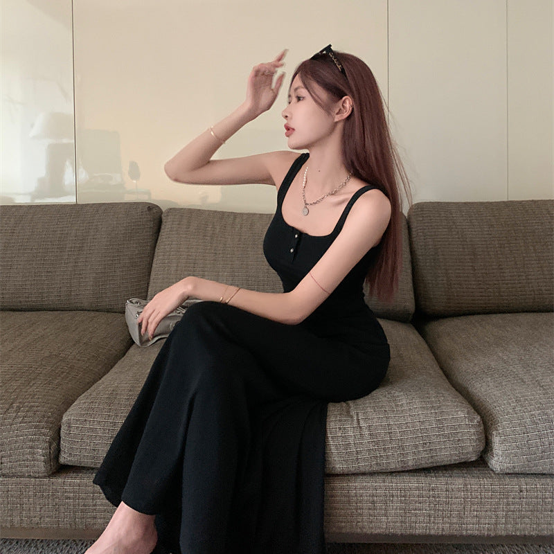 Black Inner Strap Dress for Women, Summer Pure Sensual Style, High-Quality A-Line Long Sleeveless Dress