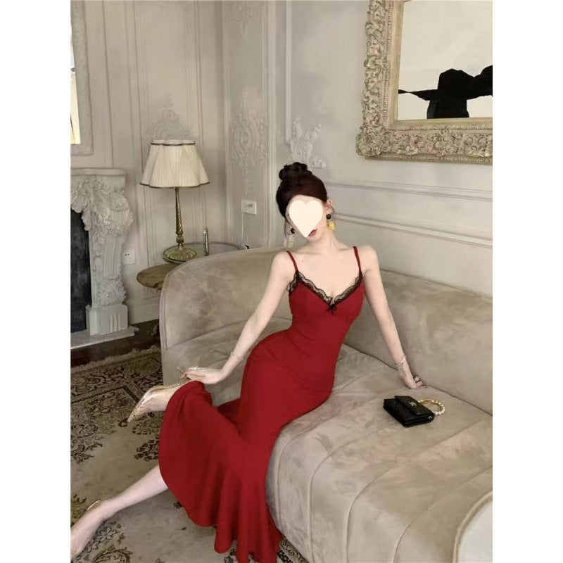 V-Neck Lace Strap Dress Elegant Women's Formal Fish Tail Long Dress