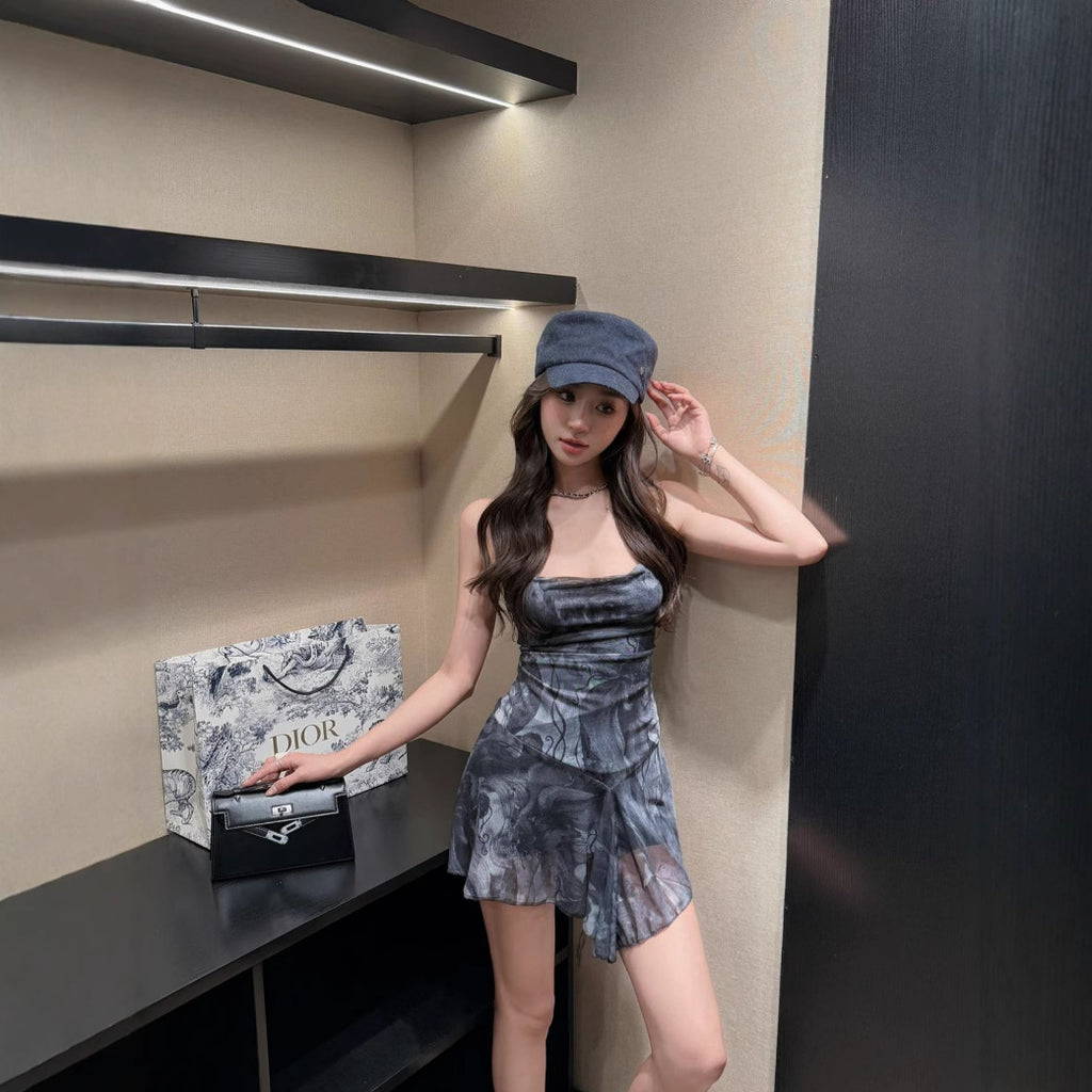 Irregular Printed Mesh Short Skirt with Cross-Tied Backless Strapless Dress