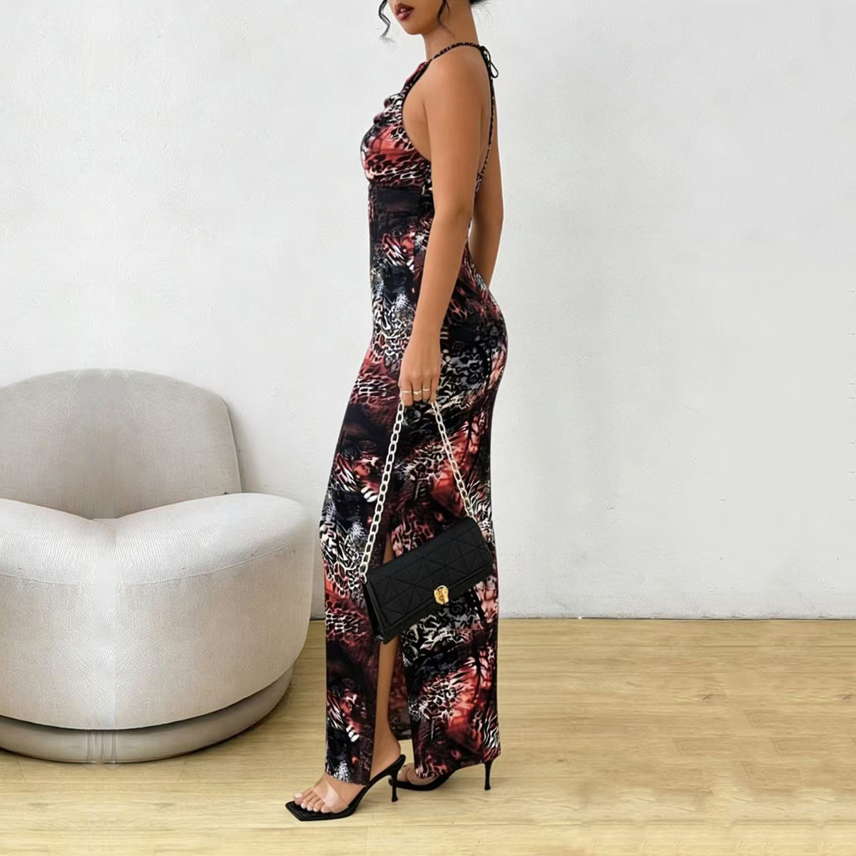 Sexy slim fit backless printed dress for women