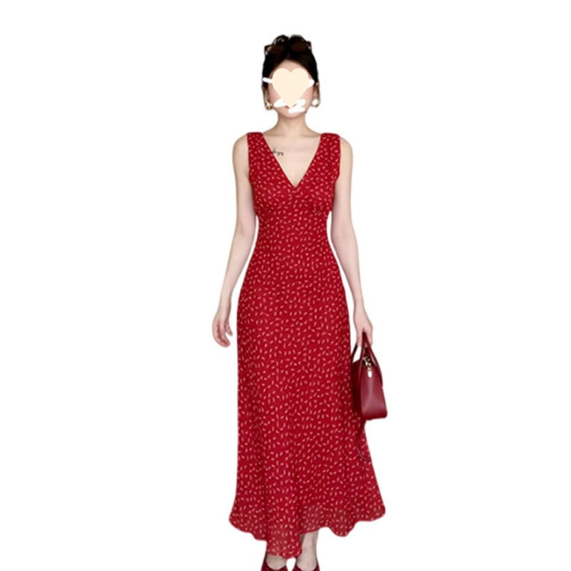 Chic Red V-Neck Floral Sleeveless Dress for Women Elegant Long Dress
