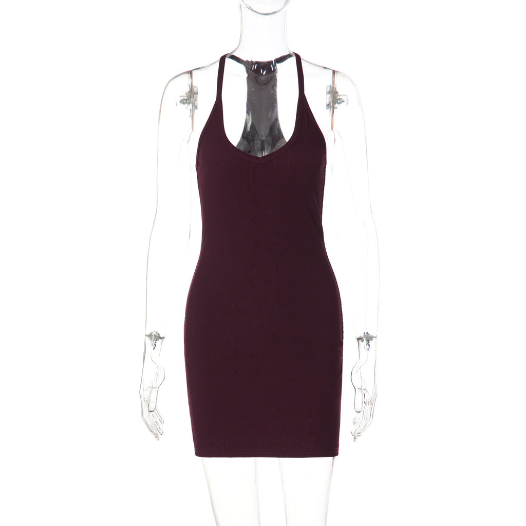 Fashionable Pure Color Sexy Low-Cut V-Neck Halter Backless Fitted Waist Slim Bodycon Sheath Dress