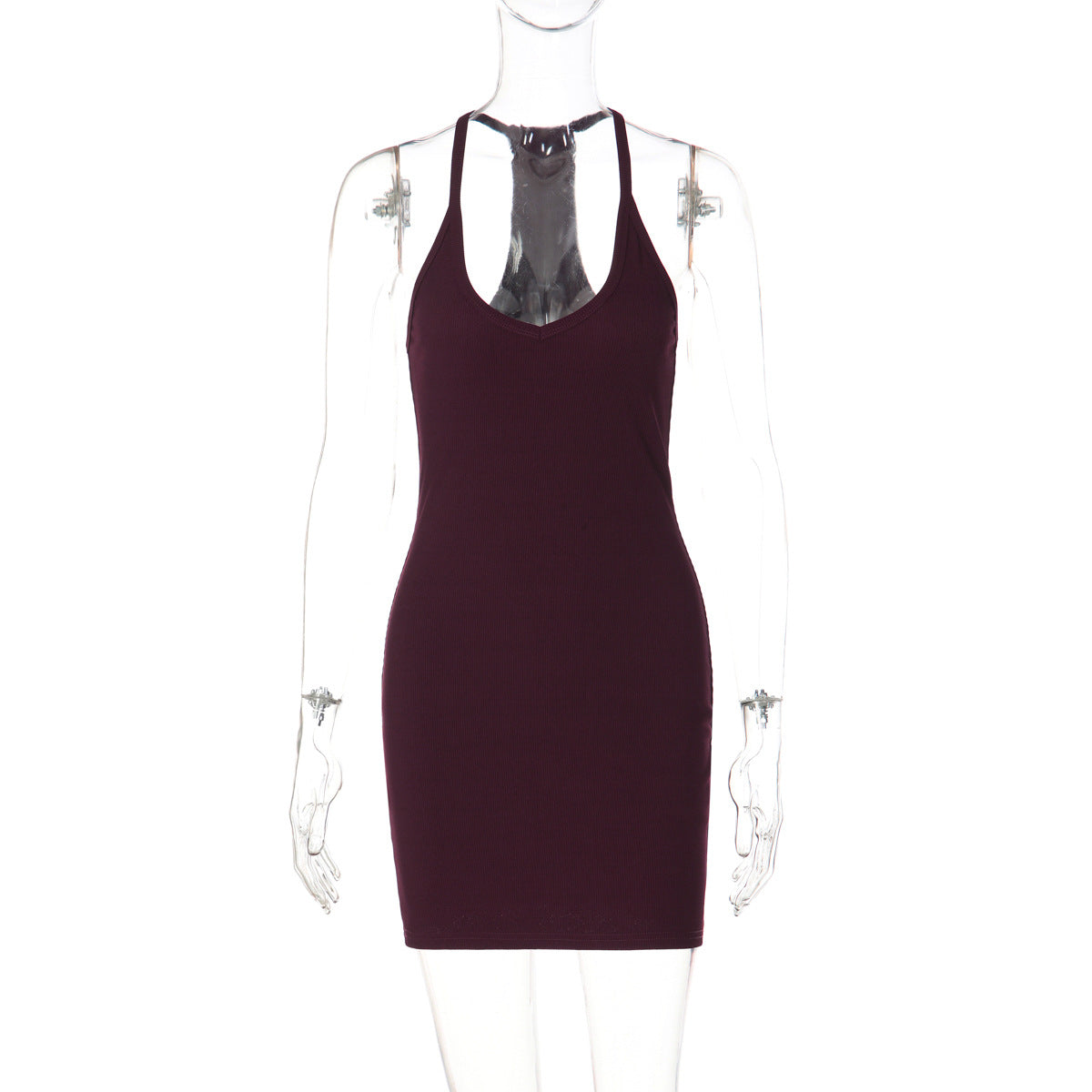 Fashionable Pure Color Sexy Low-Cut V-Neck Halter Backless Fitted Waist Slim Bodycon Sheath Dress