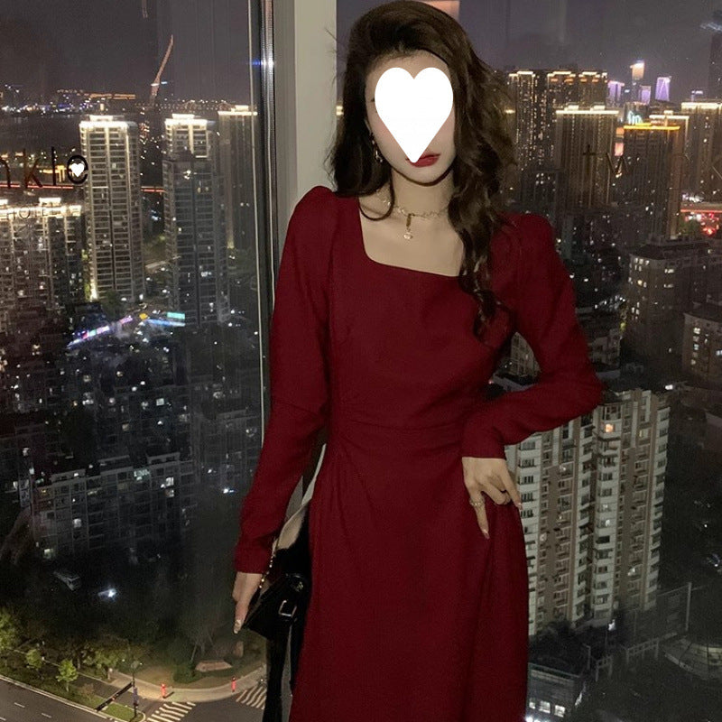 Red Dress Women  Long Sleeve Wedding Dress Daily Wear Audrey Hepburn Little Red Dress High-Grade Sense Elegant