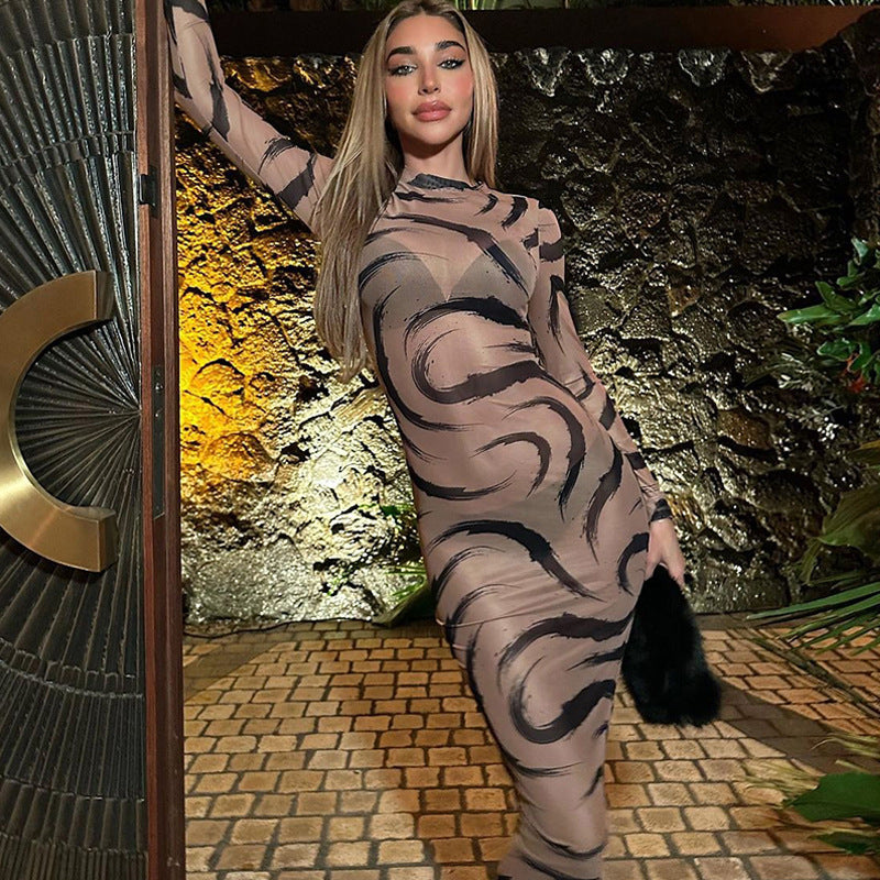 Spring Mesh See Through Sexy Clothes Long Sleeve O-Neck Bodycon Midi Dresses For Women  Club Streetwear Outfits