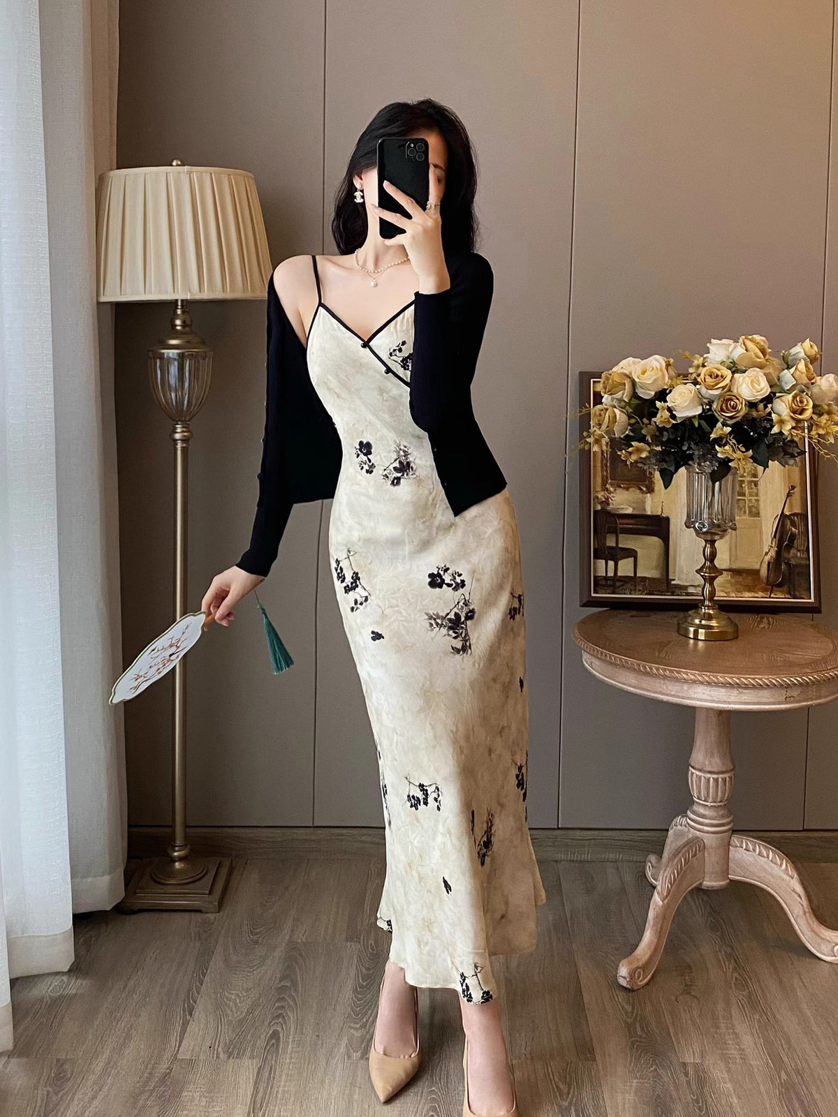 New Chinese Style Printed Strapless Dress Women's Summer National Wind Button V-Neck Waist-Slimming Bodycon Long Dress