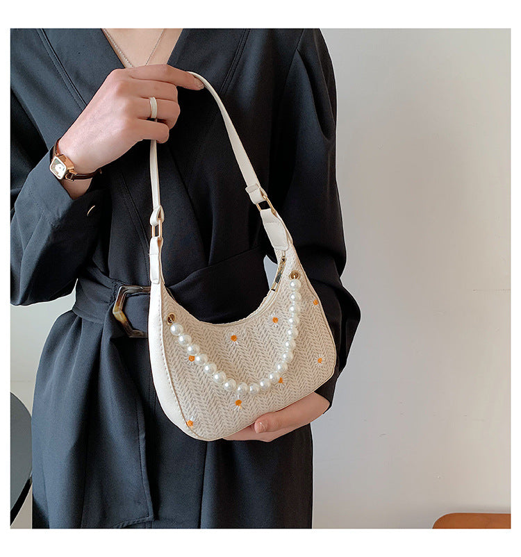 Summer Straw Woven Bag Women's New Trendy French Ins Niche Lace Flower Woven Bag Fashion Shoulder Armpit Bag