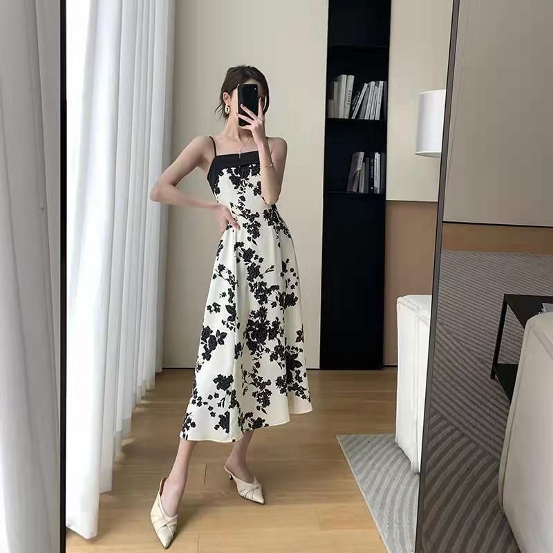 Elegant High-End Floral Strap Dress with Waist-Cinching Design for Women