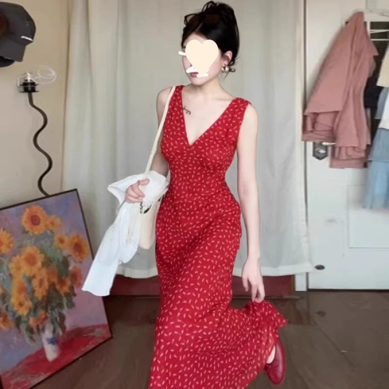 Chic Red V-Neck Floral Sleeveless Dress for Women Elegant Long Dress