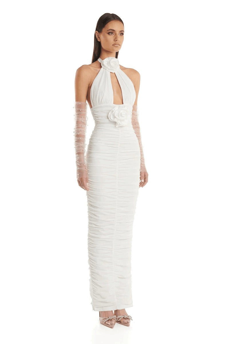 Fashionable white neck hanging, backless, tight fitting flower decoration, long bandage wrapped hip dress