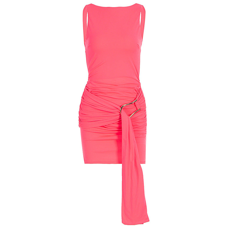 Slim fit high waisted backless metal decorative sleeveless dress