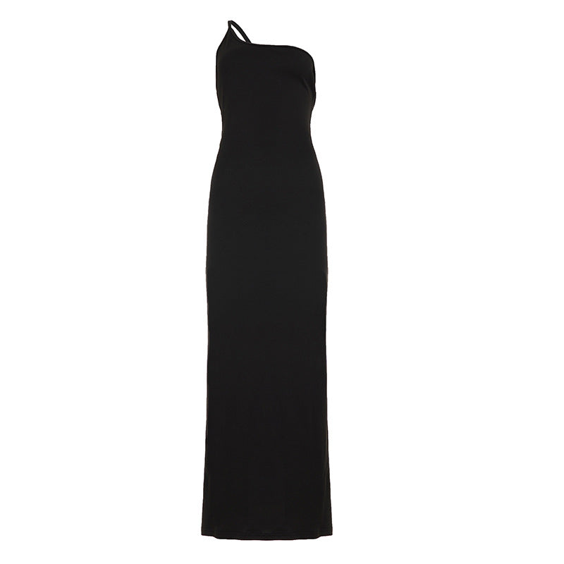 Slanted Shoulder Hanging Neck Solid Color Long Dress