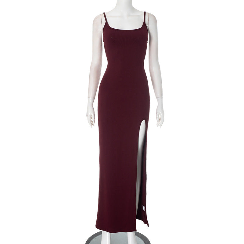 Women's Autumn and Winter Sexy Strapless Solid Color Backless Waist-cinching Slit Fitted Dress