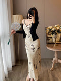 New Chinese Style Printed Strapless Dress Women's Summer National Wind Button V-Neck Waist-Slimming Bodycon Long Dress
