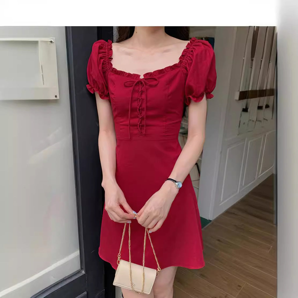 Square Neck Bubble Sleeve Dress Women's Design Waist Slimming Red A-line Short Skirt