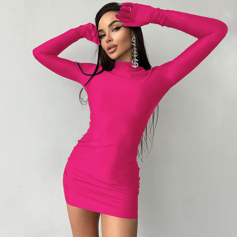 Sexy Fitted Round Neck Long Sleeve Dress with Gloves