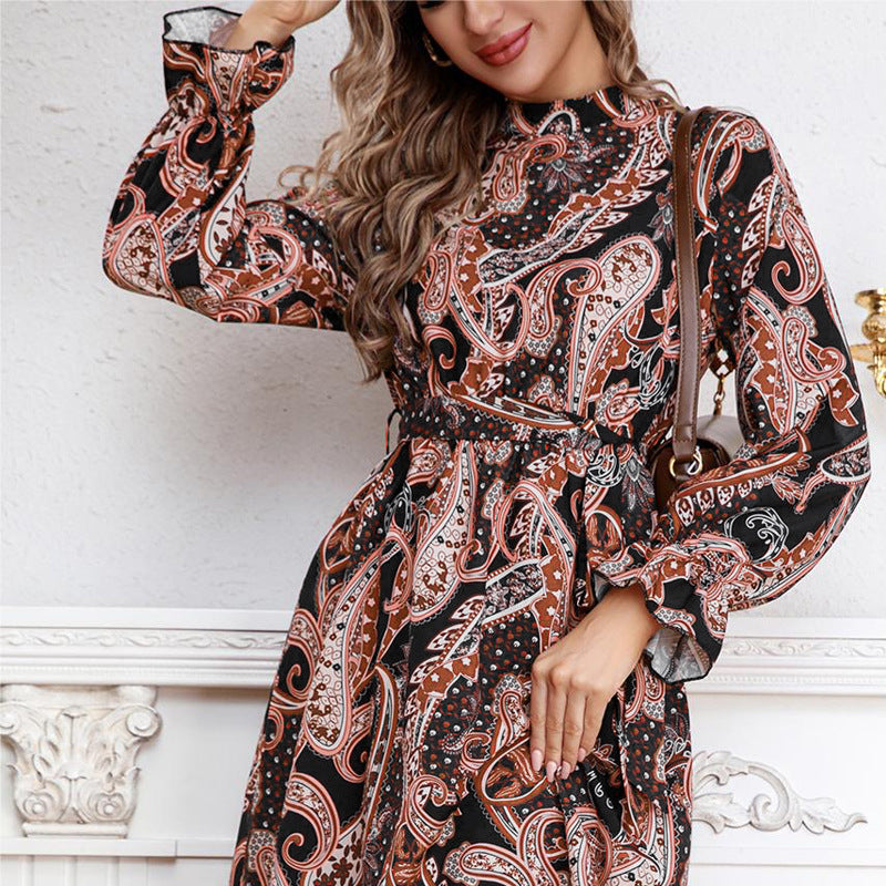 Ethnic Style Vintage Printed Shirt Dress with Belt, Slim Fit, Elegant Puff Sleeve Dress for Women