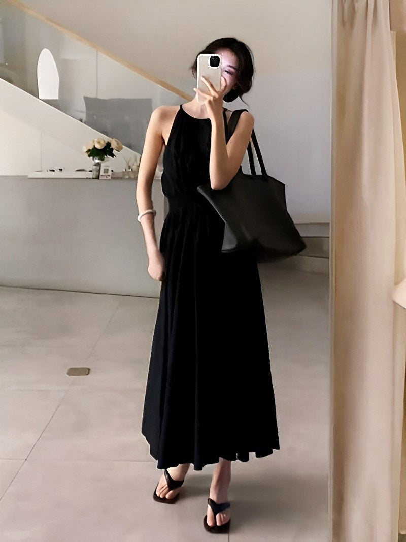Black Waist-Cutout Vacation Style Dress Design Sense Waist-Cinching Slimming Sleeveless Halter Long Dress for Women Summer