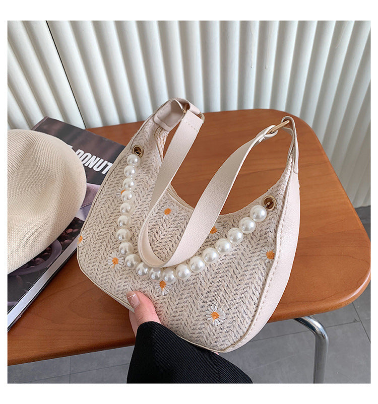 Summer Straw Woven Bag Women's New Trendy French Ins Niche Lace Flower Woven Bag Fashion Shoulder Armpit Bag