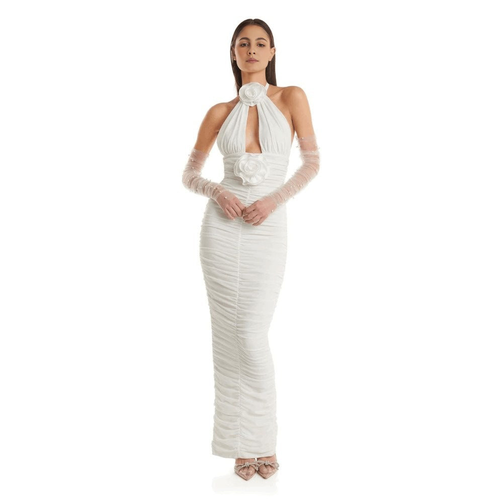 Fashionable white neck hanging, backless, tight fitting flower decoration, long bandage wrapped hip dress
