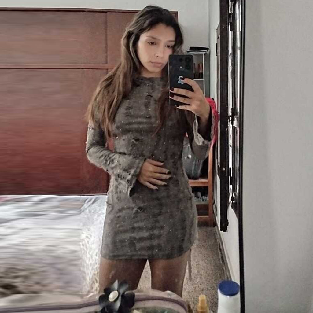 Broken hole hot drilling long sleeved dress for women