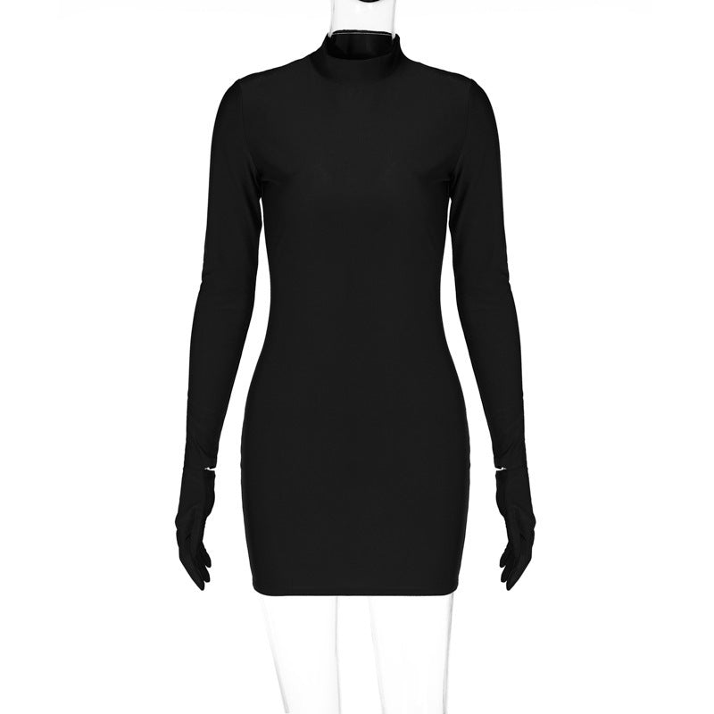 Sexy Fitted Round Neck Long Sleeve Dress with Gloves