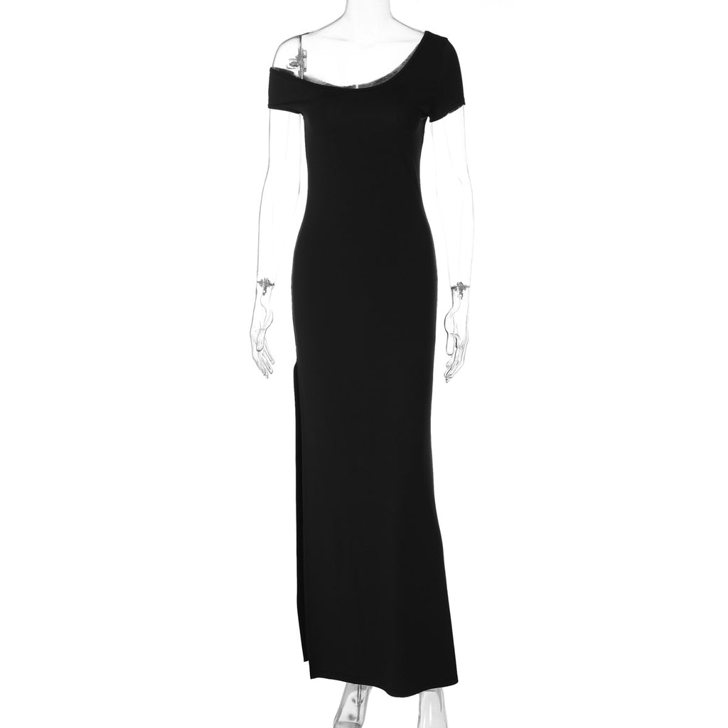 Sexy Low-Cut Solid Color Off-Shoulder Short Sleeve Fitted Slimming Split Dress