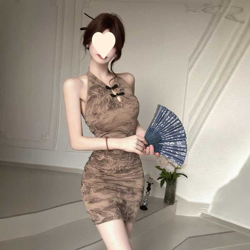 Retro Updated Cheongsam Sleeveless Halter Style Dress Sexy Fitted Slimming Bodycon Mini Dress Summer