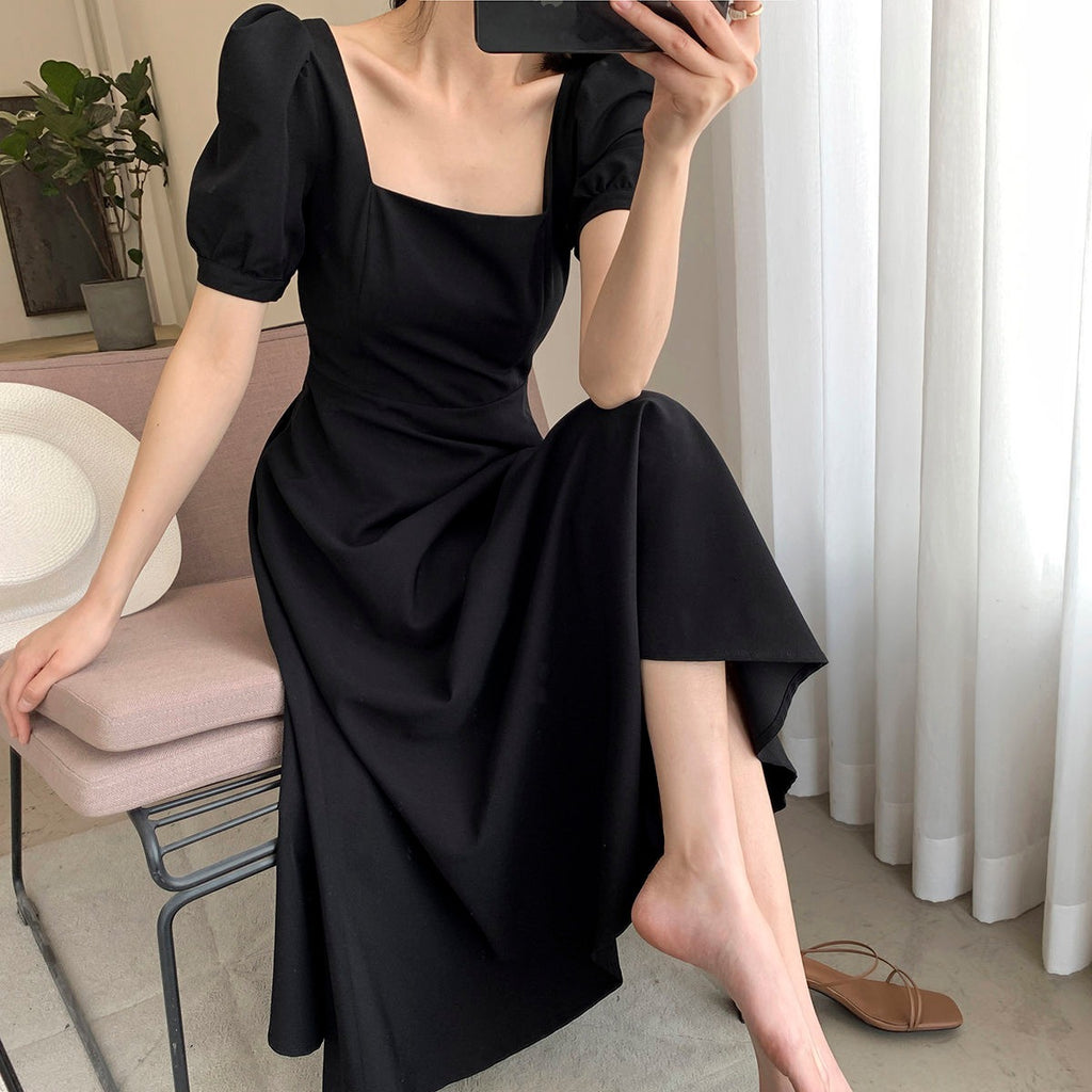 Black Dress Women's INS Tea Dress Elegant Square Neck Knee-Length Long Section Hepburn Style Little Black Dress