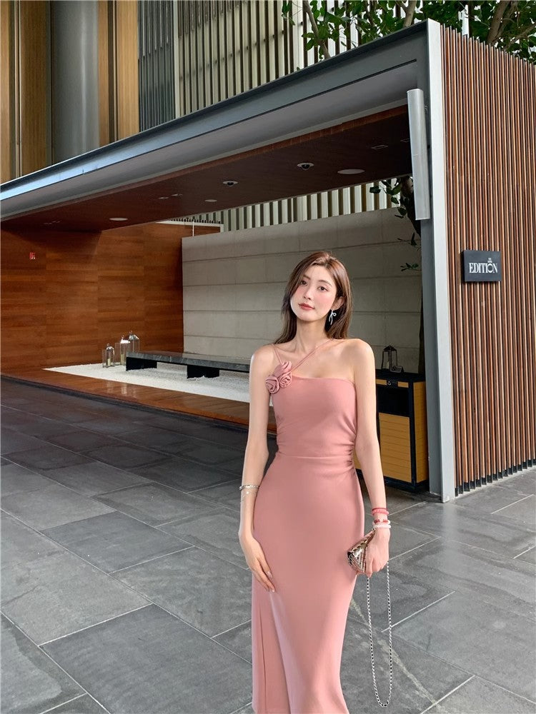 French Style Audrey Hepburn Black Exquisite Floral Strapless Dress for Women, Elegant and Sexy, Slimming Fitted Long Skirt Gown
