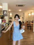 Style Blue Fresh Floral V-neck Backless Dress for Women Slim Fit Vacation A-line Sleeveless Dress