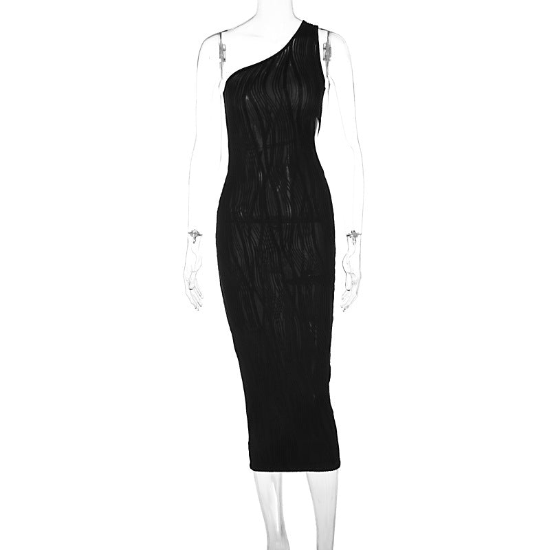 Solid color striped slim fit slanted shoulder hollow out dress