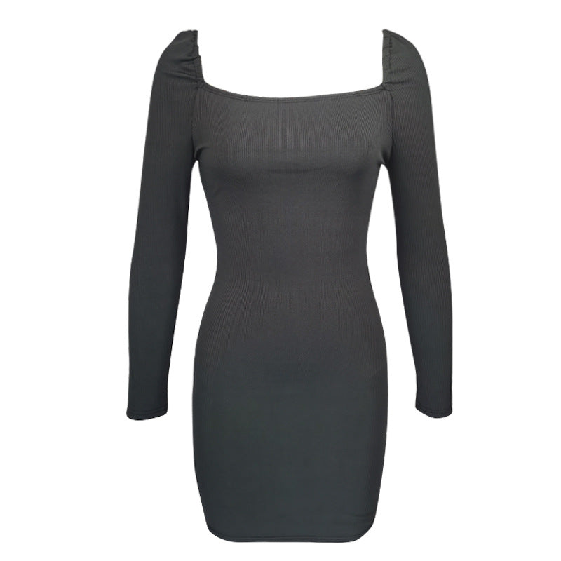 Women's long sleeved square neck bubble sleeve slim and sexy dress