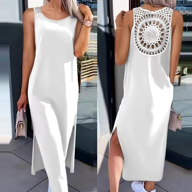 Lace hollow-out strap dress, sleeveless, slit, over-the-knee mid-length dress, summer