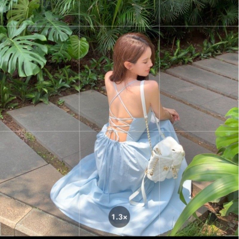 Beach Vacation Dopamine Strapless Dress Women Summer One-Shoulder Waist-Cinched Backless Dress with Ties A-Line