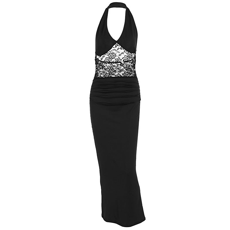 Lace patchwork neck hanging dress with waist bag and buttocks display