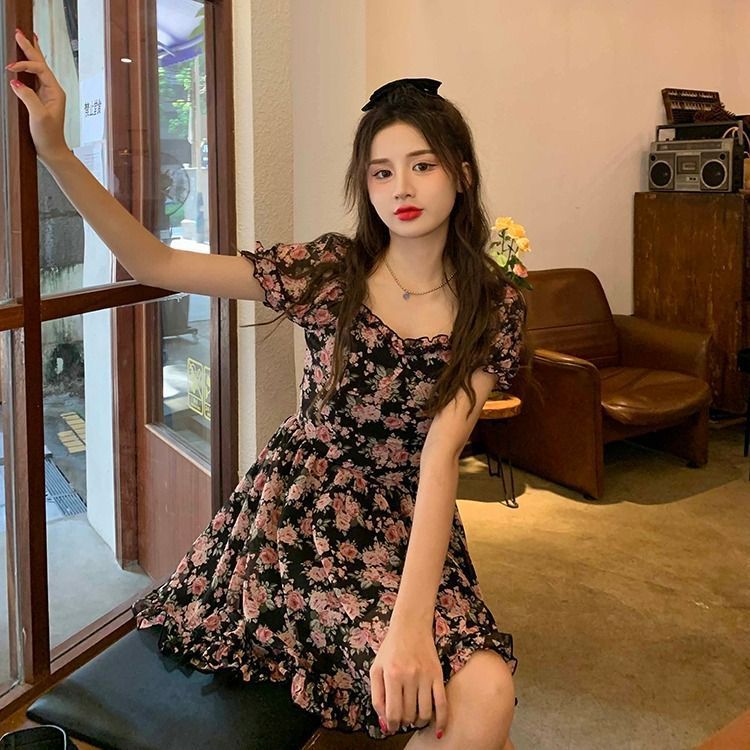 Sexy Rose Floral Print Dress with Bubble Sleeves and High Waist for Women Summer Sheer Chiffon Short Skirt