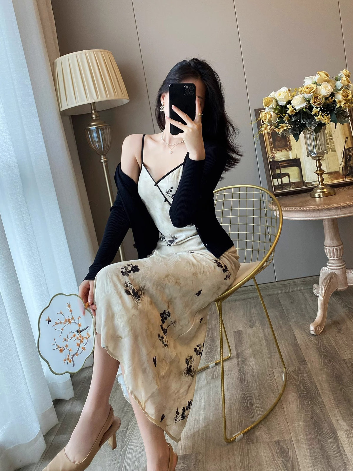New Chinese Style Printed Strapless Dress Women's Summer National Wind Button V-Neck Waist-Slimming Bodycon Long Dress