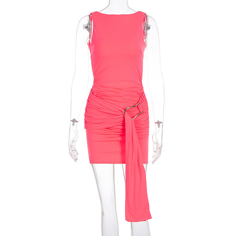 Slim fit high waisted backless metal decorative sleeveless dress