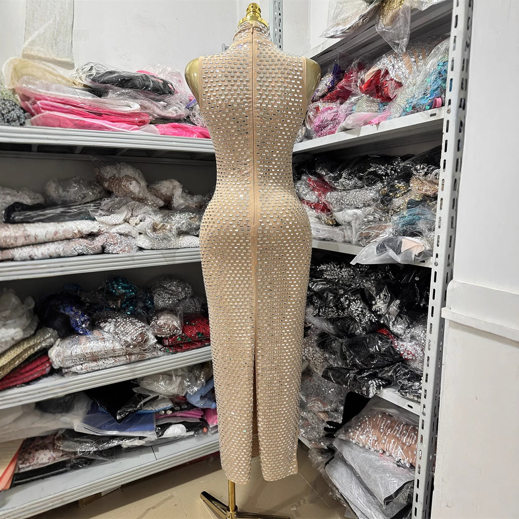 Shiny Diamond Micro-Sexy Halter Sleeveless Casual Beaded Fitted Long Bodycon Party Dress for Women
