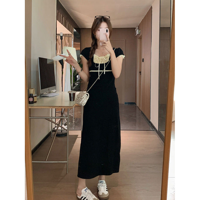 Elegant Lace Spliced Color-Block Tie-Up Dress for Women