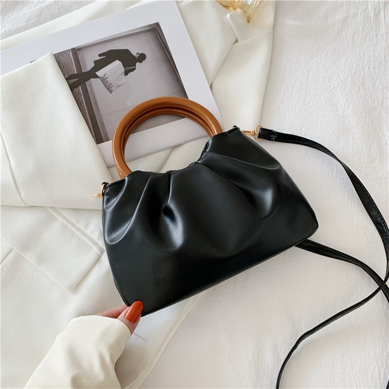Cloud Bag Messenger Fashion Pleated Small Bag Simple Wooden Handle Handbag  One-Shoulder French Style Small Bag