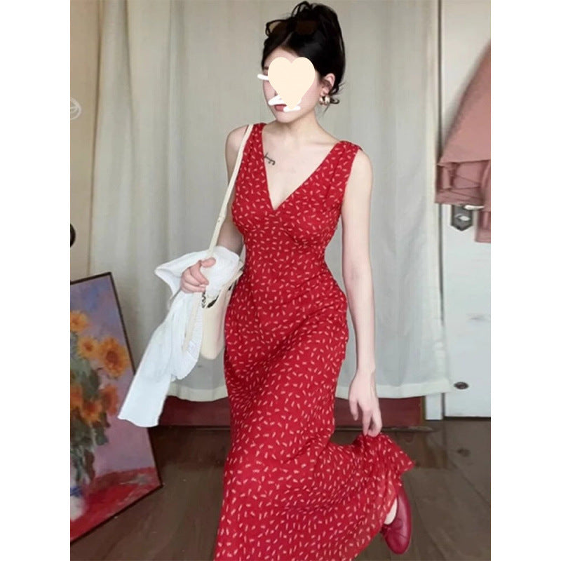 Chic Red V-Neck Floral Sleeveless Dress for Women Elegant Long Dress