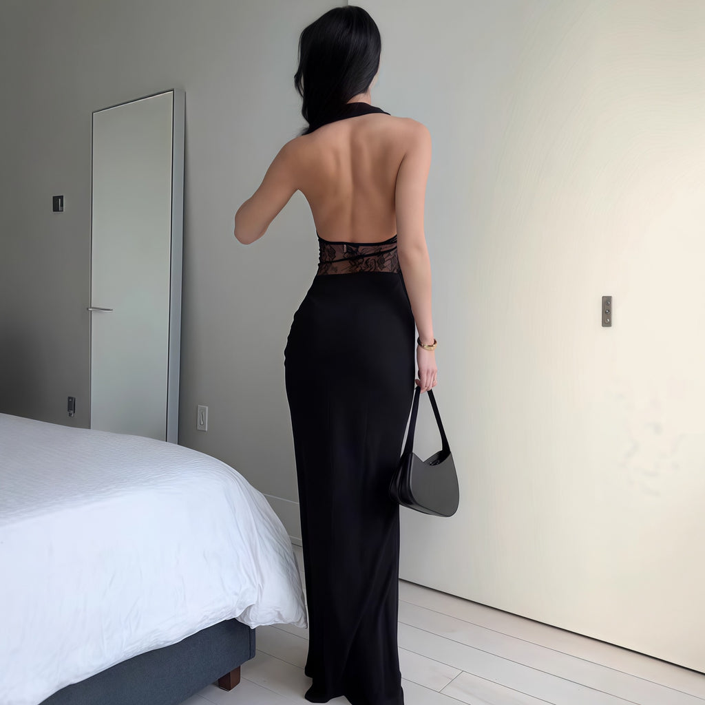 Lace patchwork neck hanging dress with waist bag and buttocks display