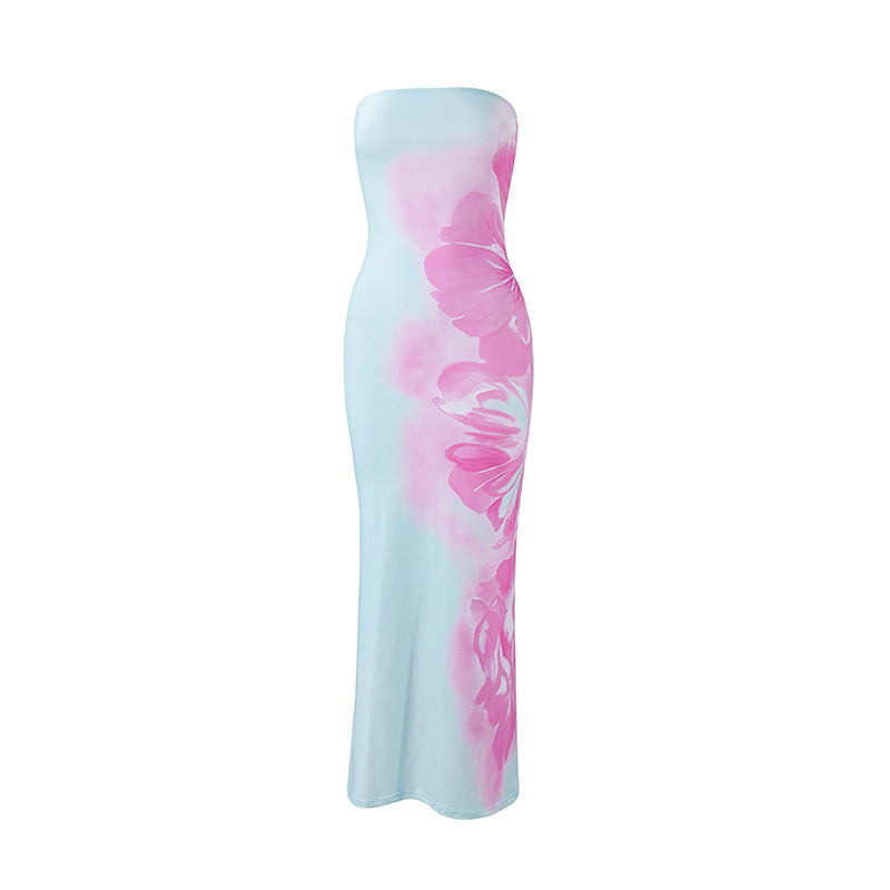 Summer new sexy strapless slim fit contrasting print revealing backpack hip dress